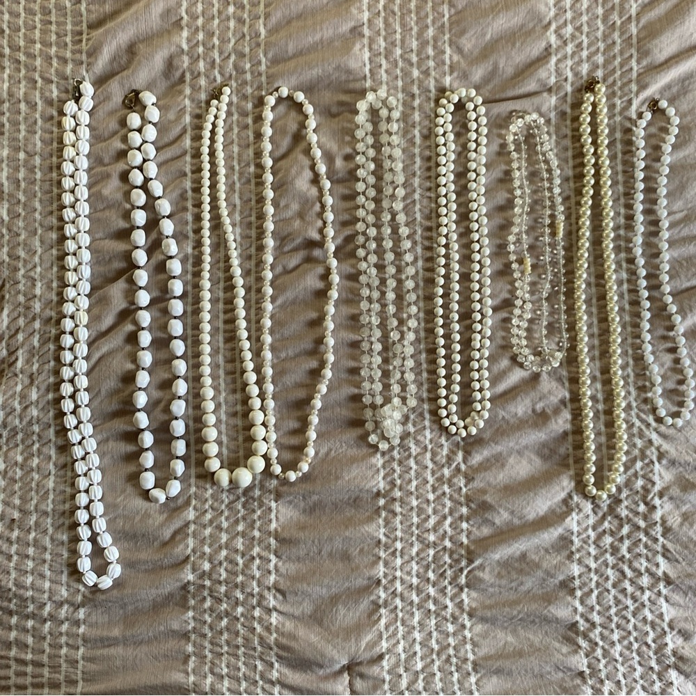 Lot of 9 White, Clear Beaded Costume Jewelry Necklaces